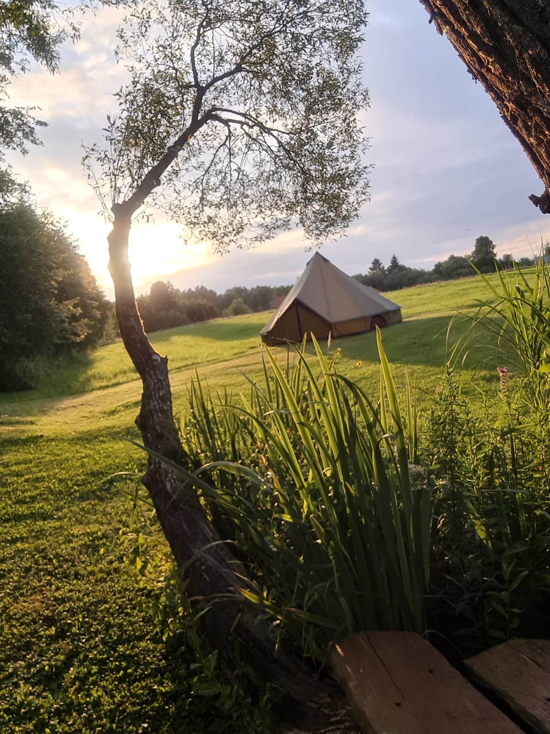 Glamping palapinė auksinėje saulėlydžio šviesoje